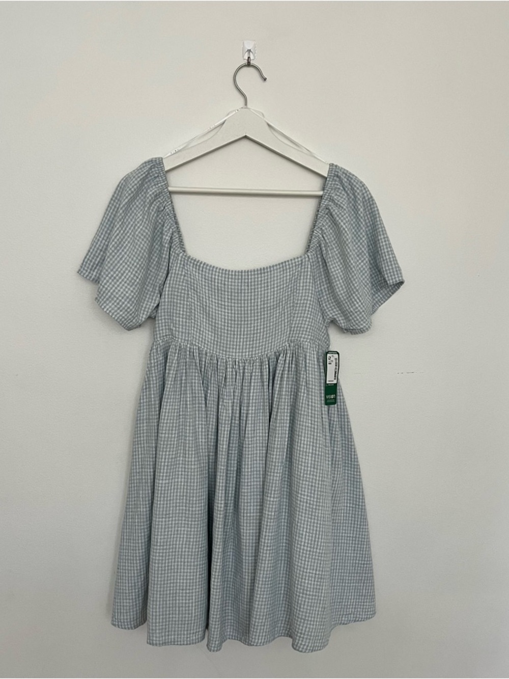 Light Blue Gingham Puff Sleeve Mini Dress